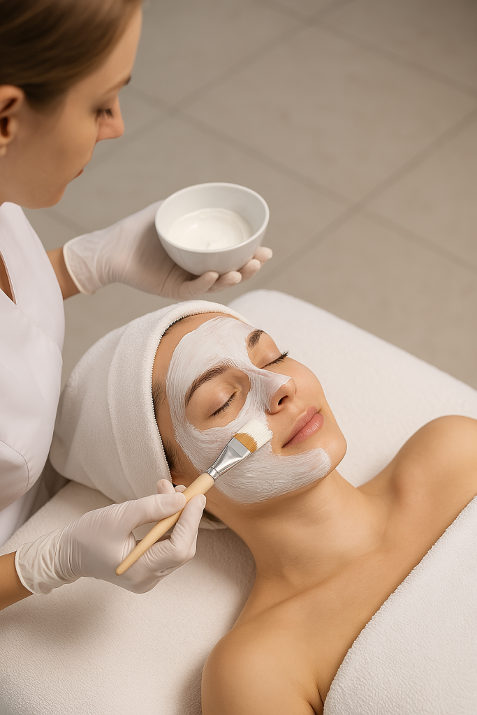 استفاده از براش برای پخش ماسک فیشال روی صورت زن جوان