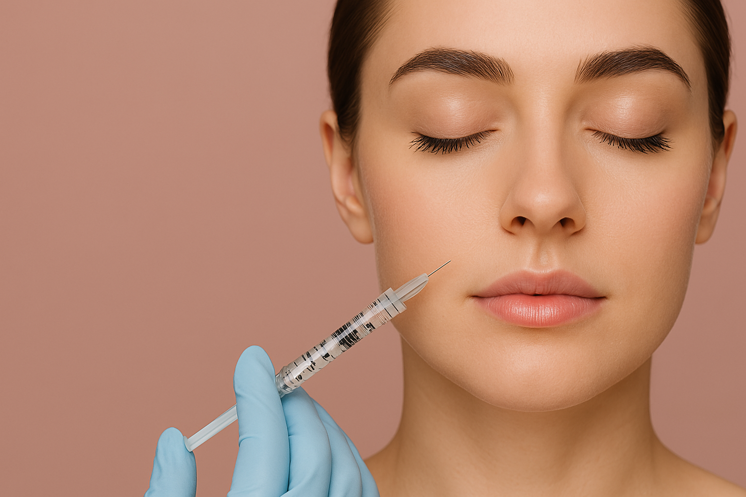 تزریق ژل به لب‌های یک زن با پوستی روشن توسط فردی با دستکش پزشکی آبی
