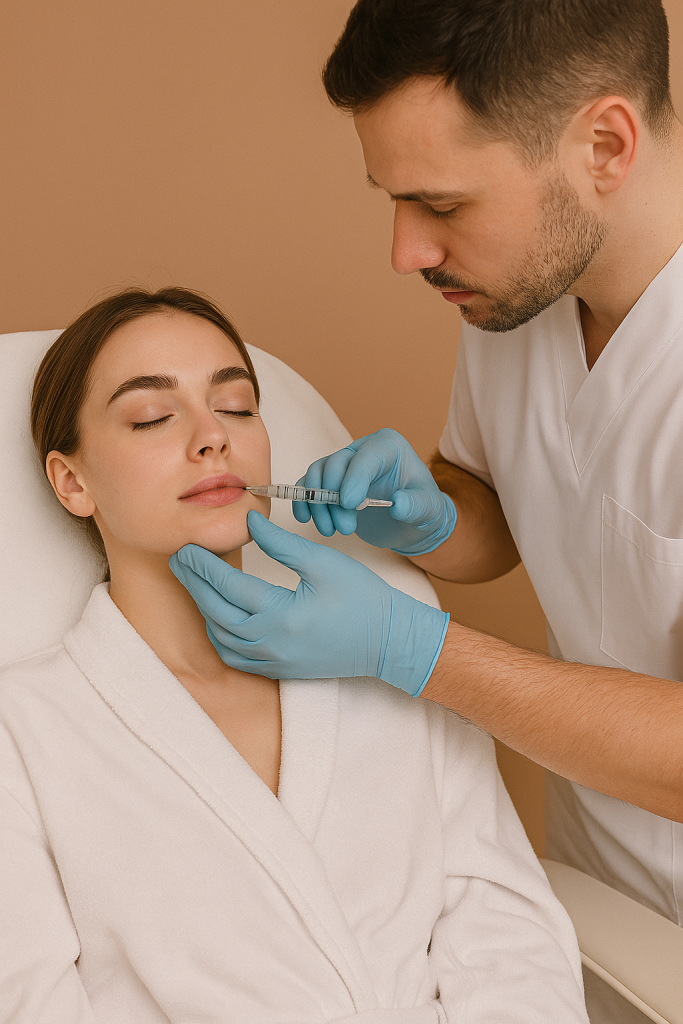 تزریق ژل به لب‌های زن جوان در حالت درازکش توسط پزشک با دستکش پزشکی