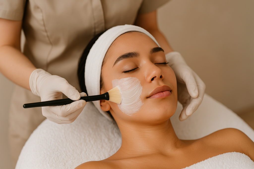 زن جوانی در حال دریافت درمان فیشال با ماسک صورت در محیطی آرام و حرفه‌ای