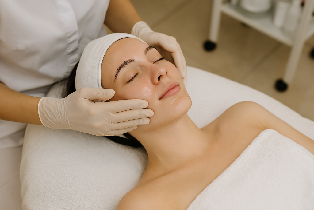 زن جوانی در حال دریافت ماساژ صورت در مرکز زیبایی