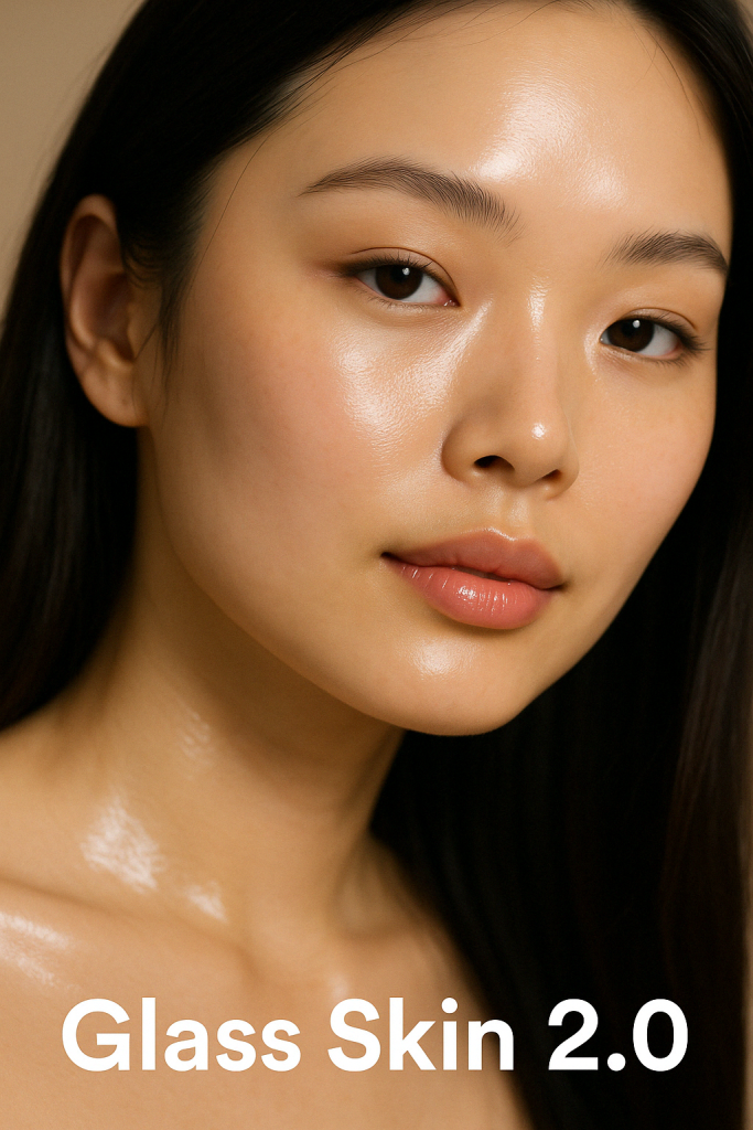 نمای نزدیک از صورت یک زن جوان با پوست شفاف و آرایش سبک، نماد ترند Glass Skin در سال ۲۰۲۵