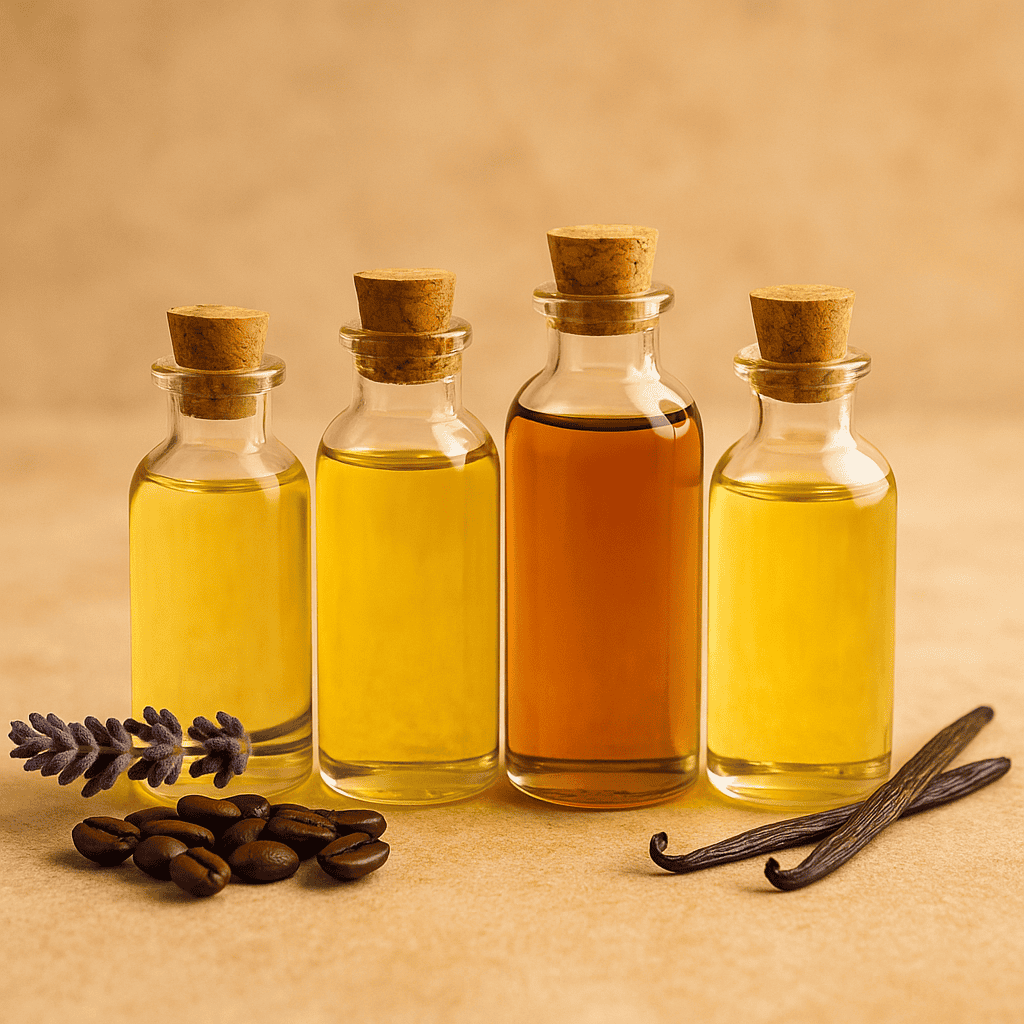 چهار شیشه روغن ماساژ با ترکیب رایحه‌های طبیعی قهوه، لوندر و وانیل