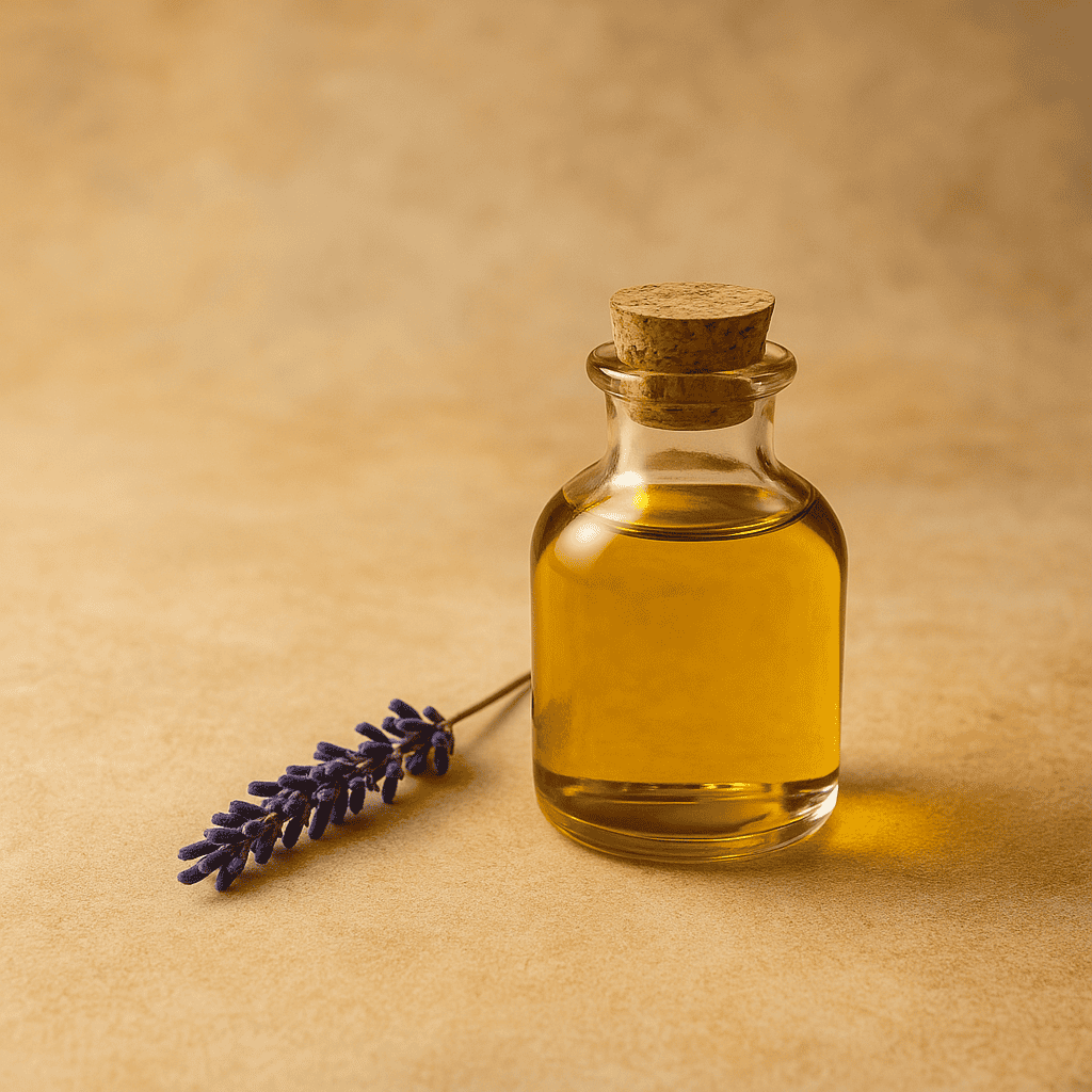شیشه روغن ماساژ با شاخه لوندر در پسزمینه گرم و آرامبخش