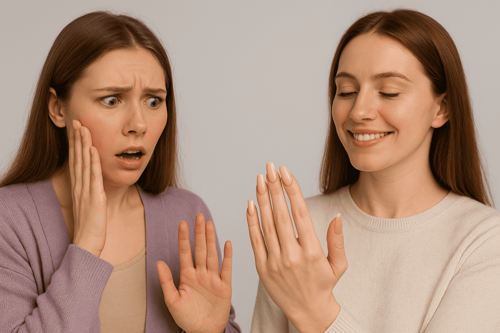 واکنش تعجب‌آمیز یک خانم به ناخن‌های کاشت‌شده خانمی دیگر با لبخند رضایت