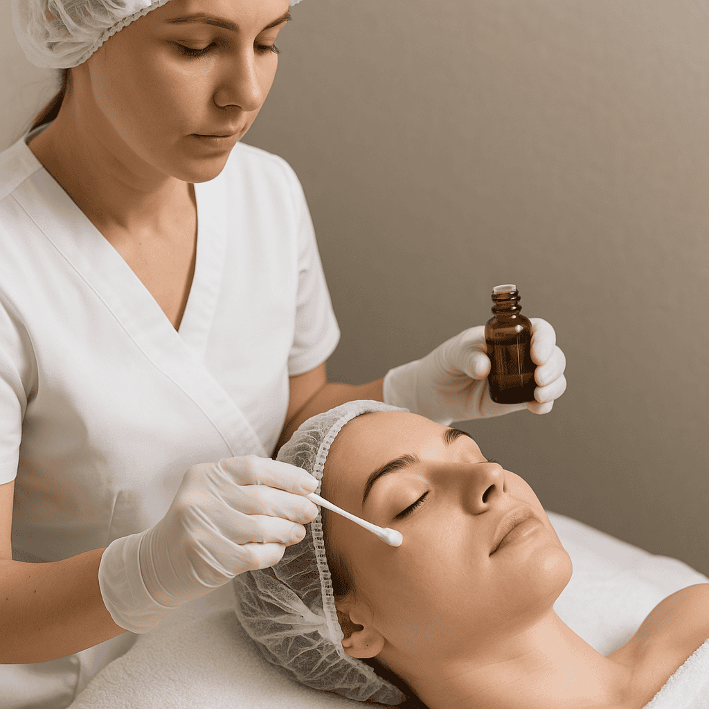 فیشالیست خانم در حال انجام اسید تراپی روی صورت یک مشتری زن